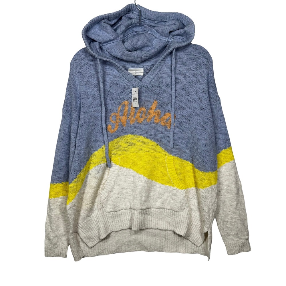 Lou & Grey Aloha Hooded Knit Sweater Blue Yellow‎ White Size Medium